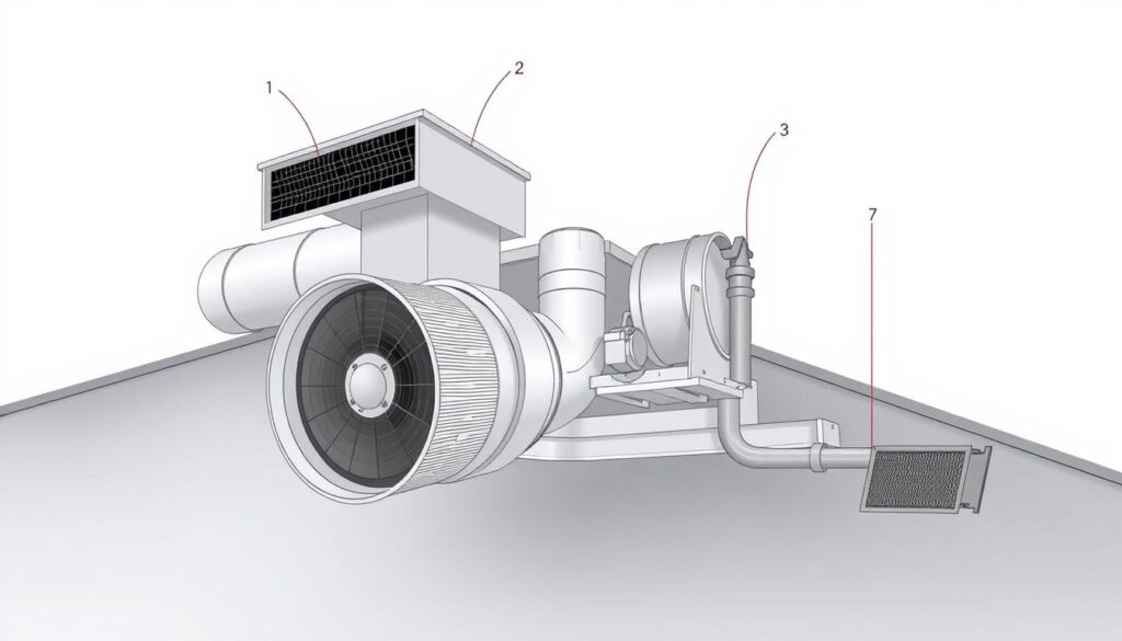 A detailed, high-quality technical illustration of a roof ventilation system installation. Showcased in a clean, well-lit setting with a focus on the key components and their precise placement. The image should clearly depict the ventilation duct, exhaust fan, intake vents, and other essential hardware, rendered with a sense of precision and functionality. The overall composition should convey a sense of understanding and clarity around the installation process, suitable for educating readers about the benefits of a properly installed roof ventilation system.