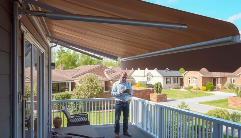 A detailed illustration of the key factors affecting the cost of awning installation, showcased in a realistic, well-lit scene. The foreground depicts a partially installed awning system, highlighting the complexity of the installation process, with various hardware components and tools visible. In the middle ground, a homeowner examines the awning, considering factors such as size, material, and customization options, which impact the final price. The background features a suburban residential landscape, emphasizing the context in which these awnings are typically installed. The lighting is natural and evenly distributed, creating a sense of clarity and focus on the key elements. The overall mood is one of thoughtful consideration, as the homeowner contemplates the trade-offs between cost and desired features for their awning project.