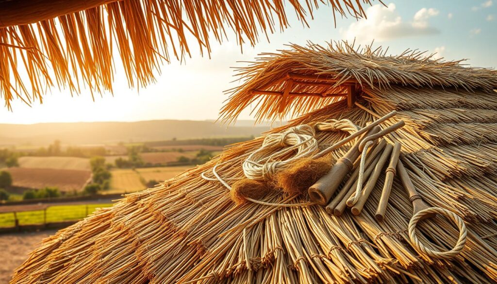 A detailed illustration of the key factors that influence thatch roofing costs. In the foreground, an expansive thatched roof with intricate textures, showcasing the craftsmanship and materials required. In the middle ground, a collection of natural materials used in the construction, such as bundles of reeds, thatching ropes, and hand tools. The background features a picturesque rural landscape, with rolling hills and a warm, golden sunlight illuminating the scene. The overall composition conveys the importance of skilled labor, high-quality materials, and the impact of regional factors on the final cost of a thatch roof installation.