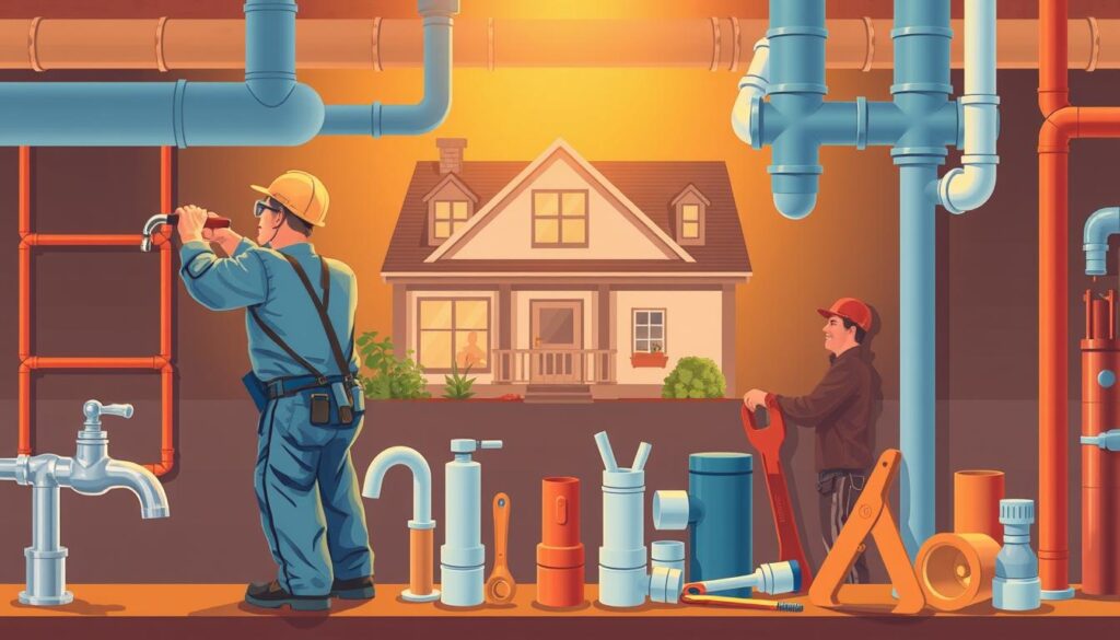 A detailed illustration showcasing the key factors that influence plumbing installation costs. In the foreground, workers are installing pipes, faucets, and fixtures, demonstrating the labor-intensive nature of the task. The middle ground highlights materials such as copper pipes, PVC fittings, and tools like wrenches and saws, emphasizing the importance of quality components. In the background, a residential or commercial building sets the context, with factors like property size, accessibility, and existing infrastructure playing a role in the overall cost. The scene is illuminated by warm, directional lighting, creating a sense of professionalism and attention to detail. The composition emphasizes the complexity and nuances involved in delivering a successful plumbing installation project.