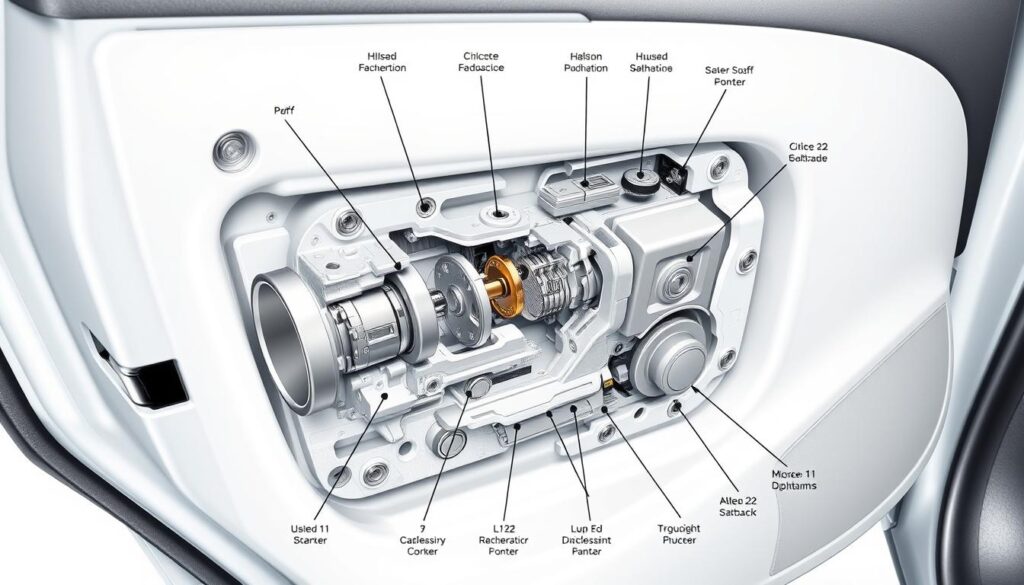 A detailed image of a car door lock mechanism, showcasing the various components and repair pricing for major Gauteng regions. The foreground features the lock assembly with its intricate parts, including the cylinder, springs, and pins. The middle ground presents a breakdown of repair costs across Johannesburg, Sandton, Eastrand, and Pretoria, displayed on a sleek, minimalist interface. The background subtly suggests an urban setting, with hints of city skylines or workshop environments. The lighting is crisp and directional, emphasizing the technical details while maintaining a clean, professional aesthetic. The overall mood is one of informative precision, guiding the viewer through the regional pricing for this essential automotive service.