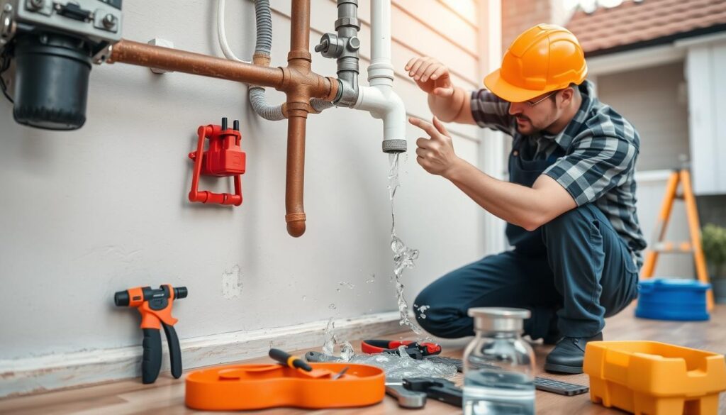 A detailed image of emergency plumbing leak repair costs in South Africa. A toolbox filled with plumbing tools and supplies sits in the foreground, including a wrench, plunger, and pipe fittings. In the middle ground, a leaky faucet sprays water against a tiled bathroom wall, with water pooling on the floor. In the background, a digital tablet displays estimated repair costs for common plumbing emergencies, with line items for labor, parts, and service fees. The scene is lit by a warm, diffused light, creating a sense of urgency and the need for a professional plumber's expertise. The overall mood conveys the importance of understanding the financial implications of unexpected plumbing issues in South Africa.