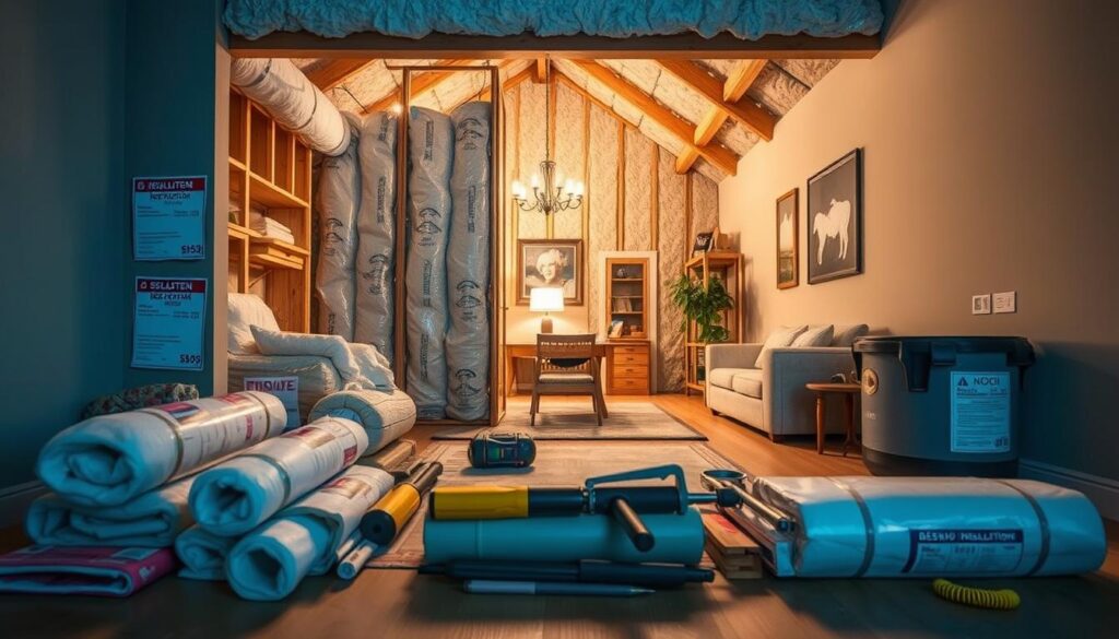 A detailed, neatly organized cost guide for residential insulation installation, showcasing a cross-section of a home's interior. In the foreground, various insulation materials and tools are displayed, with price tags and cost breakdowns. The middle ground depicts a partially installed insulation system, highlighting the process and components. The background features a cozy, well-lit living room, emphasizing the benefits of proper insulation. The scene is captured with a warm, inviting color palette and soft, diffused lighting, conveying the importance of insulation in creating a comfortable, energy-efficient home. A detailed, neatly organized cost guide for residential insulation installation, showcasing a cross-section of a home's interior. In the foreground, various insulation materials and tools are displayed, with price tags and cost breakdowns. The middle ground depicts a partially installed insulation system, highlighting the process and components. The background features a cozy, well-lit living room, emphasizing the benefits of proper insulation. The scene is captured with a warm, inviting color palette and soft, diffused lighting, conveying the importance of insulation in creating a comfortable, energy-efficient home.
