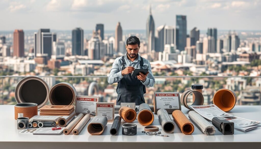 A detailed, neatly organized photo showcasing various drain joint repair price options across Johannesburg, Sandton, Pretoria, and Gauteng, South Africa. In the foreground, a variety of drain joint materials, tools, and cost estimates are displayed on a clean, minimalist tabletop. The middle ground features a professional-looking repair technician demonstrating the installation process. In the background, a cityscape of Johannesburg's modern skyscrapers and infrastructure creates a sophisticated, urban atmosphere. The lighting is soft and natural, highlighting the textures and colors of the materials. The camera angle is slightly elevated, providing a comprehensive, informative view of the drain joint repair pricing landscape in the region.