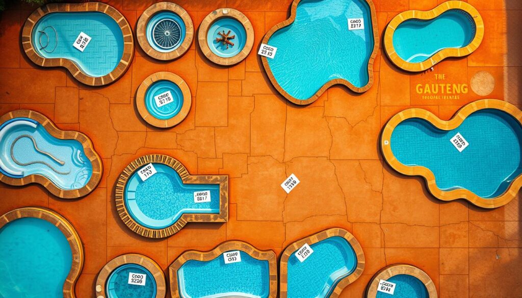 A detailed overhead view of a collection of swimming pools in various states of repair, set against the backdrop of a map of the Gauteng region. The pools range from well-maintained and sparkling, to dilapidated and in need of extensive work. Each pool is accompanied by a floating price tag, conveying the cost variations for pool repair across the different suburbs and cities of Gauteng. The scene is illuminated by warm, diffused lighting, creating a sense of depth and atmosphere. The camera angle is slightly elevated, providing a comprehensive perspective on the regional pool repair market.
