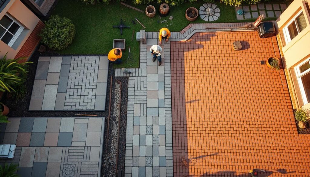A detailed overhead view of a residential paving installation project, showcasing various price factors. The foreground depicts different paving materials - natural stone, concrete pavers, and brick - laid in intricate patterns. The middle ground features construction workers and tools, highlighting the labor costs. In the background, a lush garden backdrop creates a serene atmosphere, while a warm, golden-hour lighting casts long shadows, emphasizing the scale and precision of the work. The image conveys the complexity and craftsmanship involved in high-quality paving installation, providing visual context for understanding the pricing considerations in South Africa.