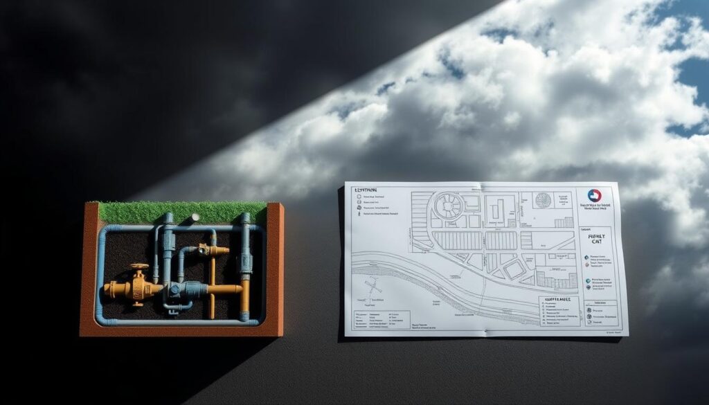 A detailed overhead view of a storm drainage assessment, showcasing the key cost factors involved. In the foreground, a cross-section diagram displays the underground pipe network, valves, and drainage structures, their varying sizes and materials highlighted. In the middle ground, a layout plan outlines the drainage system's spatial configuration, terrain elevations, and land use factors. The background depicts a cloudy, moody sky, casting dramatic shadows across the scene, emphasizing the gravity and complexity of the assessment. Realistic, technical, and visually informative, this image conveys the essential elements that influence the overall cost of a storm water drainage system in South Africa. A detailed overhead view of a storm drainage assessment, showcasing the key cost factors involved. In the foreground, a cross-section diagram displays the underground pipe network, valves, and drainage structures, their varying sizes and materials highlighted. In the middle ground, a layout plan outlines the drainage system's spatial configuration, terrain elevations, and land use factors. The background depicts a cloudy, moody sky, casting dramatic shadows across the scene, emphasizing the gravity and complexity of the assessment. Realistic, technical, and visually informative, this image conveys the essential elements that influence the overall cost of a storm water drainage system in South Africa.