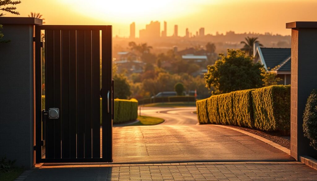 A detailed, photorealistic image of regional electric gate repair pricing in Gauteng, South Africa. In the foreground, a sleek, modern electric gate stands prominently, showcasing its mechanical components. In the middle ground, a well-manicured suburban landscape unfolds, with neatly trimmed hedges and a winding driveway. In the background, the skyline of Johannesburg's Eastrand region rises, with a mix of high-rise buildings and lush greenery. The scene is bathed in warm, golden-hour lighting, creating a sense of tranquility and affluence. The overall composition conveys the diverse regional pricing for electric gate repair services across the Gauteng province, from Johannesburg to Pretoria.