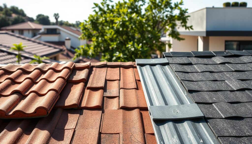 A detailed, side-by-side comparison of common roofing materials in Johannesburg - clay tiles, concrete tiles, metal sheets, and asphalt shingles. The materials are displayed in the foreground, arranged neatly and evenly lit to showcase their textures, colors, and installation methods. The background depicts a serene, sun-dappled Johannesburg neighborhood with lush vegetation and modern architecture, providing context for the roofing application. The overall composition is crisp, balanced, and invites the viewer to closely examine the roofing options and their suitability for the local climate and architecture.