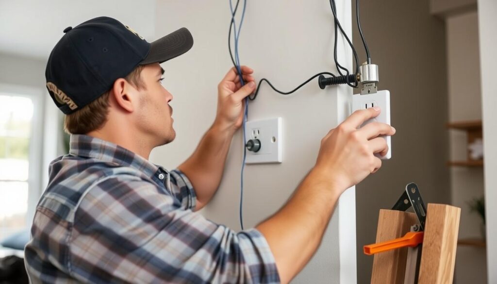 A detailed technical breakdown of electrical outlet installation costs in Gauteng, South Africa. A clean, minimalist illustration showcasing a neatly organized set of icons, graphs, and numerical data against a softly lit, warm-toned background. The foreground depicts various electrical components and tools associated with outlet installation, arranged in a grid-like layout. The middle ground features a series of bar graphs and pie charts displaying the granular pricing details, such as labor, materials, and permitting fees. The background maintains a subtle, blurred cityscape, hinting at the urban Gauteng setting. Overall, the image conveys a sense of professionalism, precision, and informative clarity to support the article's subject matter.
