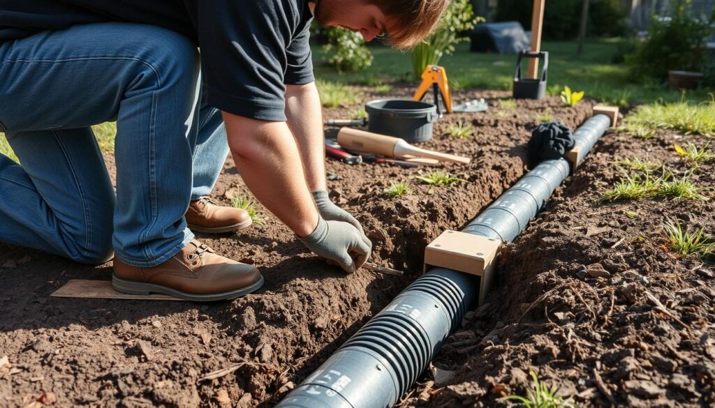A detailed technical diagram depicting the comprehensive cost breakdown for a French drain installation project in Gauteng, South Africa. The image features a cross-sectional view showcasing the various components and materials required, including drainage pipes, gravel, soil, and labor costs. The layout is clean and organized, with a neutral color palette and precise technical illustrations to convey the necessary information. The lighting is soft and diffused, creating a professional and informative atmosphere. The perspective is slightly angled to provide a clear, accessible overview of the entire installation process and associated expenses.