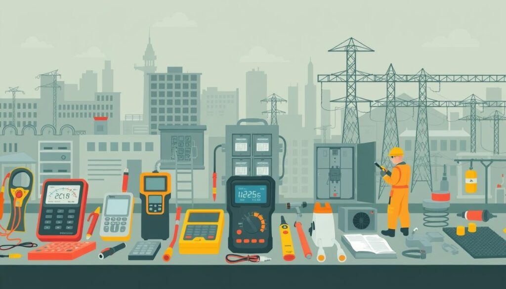 A detailed, technical illustration of the key factors affecting electrical safety inspection costs. In the foreground, display various tools and equipment used in inspections, such as multimeters, voltage testers, and thermal imaging cameras. In the middle ground, showcase workers performing different stages of the inspection process, including checking wiring, testing circuit breakers, and inspecting electrical panels. In the background, depict the built environment - buildings, infrastructure, and electrical grids - to convey the context of the inspection. Use a muted, industrial color palette with cool tones to evoke a sense of seriousness and professionalism. Employ a perspective that emphasizes the scale and complexity of the inspection process. Ensure the overall scene has a technical, informative, and educational feel.