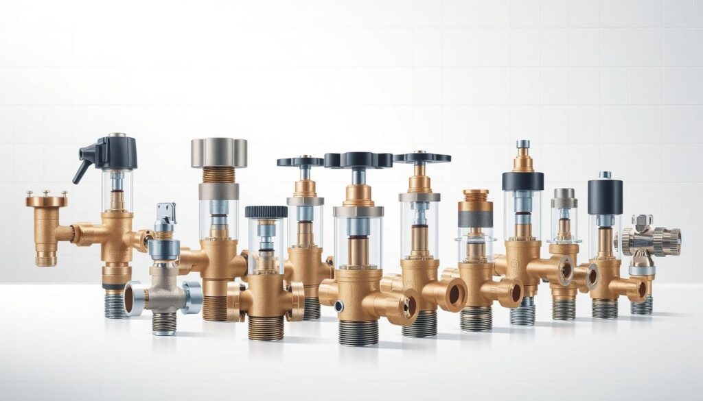 A detailed technical illustration showcasing various types of geyser pressure valves and their applications. The foreground depicts an array of pressure valves in cross-section, highlighting their intricate inner workings and mechanisms. The middle ground features a clean, minimalist background with a subtle grid pattern, allowing the valves to take center stage. The lighting is soft and diffused, creating depth and emphasizing the sleek, modern design of the valves. The overall mood is informative and technical, conveying the importance and functionality of these essential plumbing components. A detailed technical illustration showcasing various types of geyser pressure valves and their applications. The foreground depicts an array of pressure valves in cross-section, highlighting their intricate inner workings and mechanisms. The middle ground features a clean, minimalist background with a subtle grid pattern, allowing the valves to take center stage. The lighting is soft and diffused, creating depth and emphasizing the sleek, modern design of the valves. The overall mood is informative and technical, conveying the importance and functionality of these essential plumbing components.