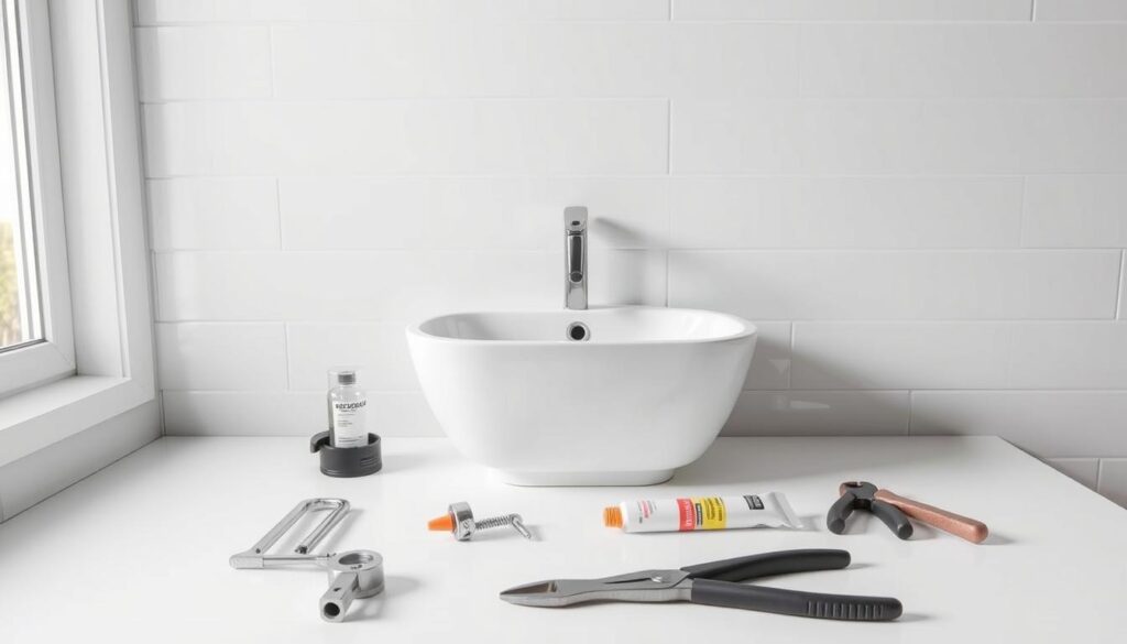A detailed vanity basin installation guide in a modern, minimalist style. A white vanity basin sits centered on a white countertop against a sleek, white tiled wall. Soft, diffused natural lighting from windows on the left illuminates the scene. The basin is accompanied by various installation tools and materials like a basin wrench, silicone sealant, and adjustable pliers, arranged neatly around it. The overall atmosphere is clean, informative, and visually appealing, suitable for an article on current vanity basin installation prices in South Africa.