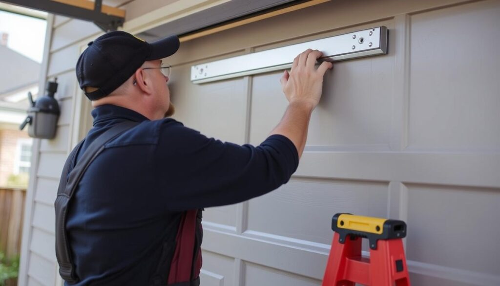 A detailed, well-lit close-up photograph of a garage door installation process, showcasing various cost factors. The foreground depicts a skilled technician measuring and inspecting the door frame, with tools and materials neatly organized nearby. The middle ground features a partially installed garage door, highlighting the complexity of the mechanism and hardware components. The background subtly reveals the interior of the garage, providing context and emphasizing the importance of proper installation for functionality and safety. The overall scene conveys a sense of professionalism, attention to detail, and an understanding of the key elements that contribute to the final installation cost.