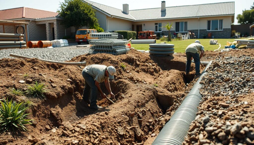 A detailed, well-lit scene showcasing the key factors influencing the cost of a french drain installation in South Africa. In the foreground, workers carefully excavate the trench, highlighting the manual labor involved. In the middle ground, stacks of gravel, pipes, and other materials convey the necessary materials. The background features a residential property, indicating the context of the installation. The scene is illuminated by natural light, creating a crisp, documentary-style atmosphere that emphasizes the practical aspects of the process.