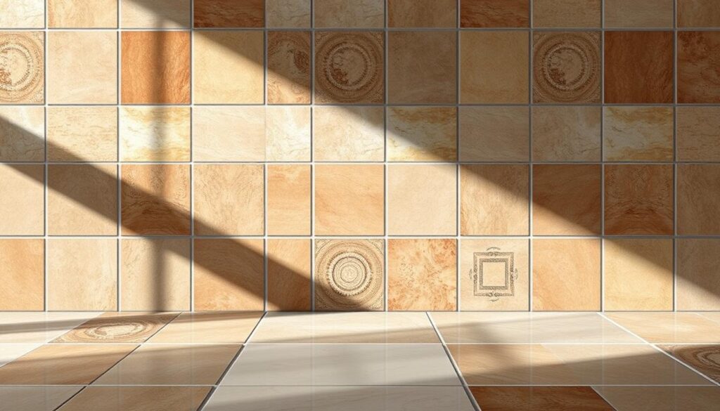 A highly detailed and photorealistic image of ceramic tiles in an interior setting, showcasing the cost per square meter for tile installation in Johannesburg, South Africa. The tiles are arranged in a seamless grid pattern, showcasing a variety of hues and textures, ranging from matte to glossy finishes. The lighting is natural, casting soft shadows and highlighting the depth and dimension of the tiles. The camera angle is slightly elevated, providing a comprehensive overview of the tiled surface, with a clean, minimalist background that allows the tiles to take center stage. The overall composition conveys a sense of quality, craftsmanship, and attention to detail, reflecting the high-end nature of the tiling work and its associated costs in the Johannesburg metropolitan area.