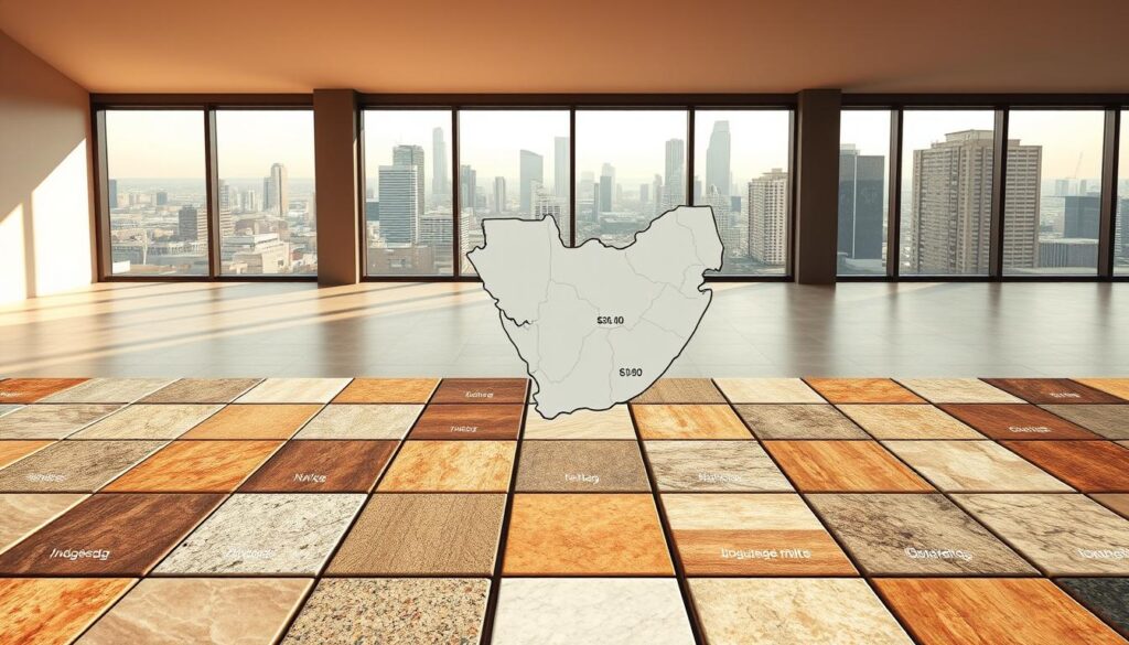 A highly detailed, photorealistic illustration of regional tiling price variations throughout Gauteng, South Africa. The foreground showcases a grid of square tile samples in various colors and textures, each labeled with the local cost per square meter. The middle ground depicts a stylized map of the Gauteng province, with different regions shaded to indicate price fluctuations. The background features a modern, minimalist office setting with large windows overlooking the Johannesburg skyline, creating a professional, informative atmosphere. Warm, directional lighting casts subtle shadows, enhancing the depth and clarity of the scene. The overall composition conveys a sense of data-driven insights into the local tiling market.