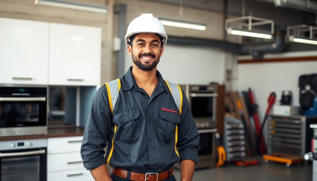 A licensed gas appliance installer standing confidently in a well-lit, professional workshop in Johannesburg Sandton. The installer, wearing a neatly pressed uniform and safety gear, is surrounded by neatly organized tools and equipment. In the background, a high-quality gas oven and other appliances are showcased, highlighting the installer's expertise. The scene conveys a sense of professionalism, reliability, and attention to detail, reflecting the quality of the independent handyman services offered for gas oven installation solutions.