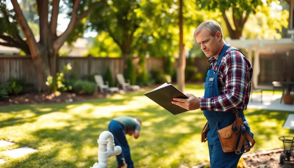 A licensed plumber in blue overalls and a toolbelt assesses a sewer line in a residential backyard. The plumber examines the drainage system with a clipboard, inspecting the pipes and fittings. Sunlight filters through the trees, casting warm shadows across the scene. The yard is well-maintained, with lush greenery and a tidy patio in the background. The plumber's expression is focused, conveying expertise and professionalism as they evaluate the repair needed. The image has a sense of calm and trust, showcasing the plumber as a reliable partner for sewer line maintenance. A licensed plumber in blue overalls and a toolbelt assesses a sewer line in a residential backyard. The plumber examines the drainage system with a clipboard, inspecting the pipes and fittings. Sunlight filters through the trees, casting warm shadows across the scene. The yard is well-maintained, with lush greenery and a tidy patio in the background. The plumber's expression is focused, conveying expertise and professionalism as they evaluate the repair needed. The image has a sense of calm and trust, showcasing the plumber as a reliable partner for sewer line maintenance.