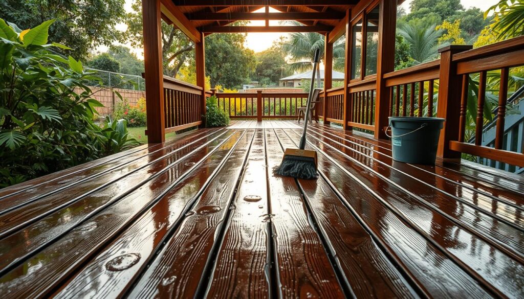A lush, rain-soaked wooden deck in a South African backyard, the sun's warm glow peeking through the clouds. In the foreground, weathered planks are dotted with puddles, reflecting the verdant foliage surrounding the space. A mop and bucket stand ready, hinting at the post-shower maintenance task at hand. The middle ground showcases the deck's structural elements - sturdy beams and railings, their natural grains exposed by the recent rainfall. Farther back, a landscape of vibrant, well-tended plants and trees frames the scene, conveying the deck's integration with the broader outdoor environment. The overall mood is one of tranquility and the gentle passage of time, setting the stage for a thoughtful exploration of wooden deck care in South Africa's diverse climate.