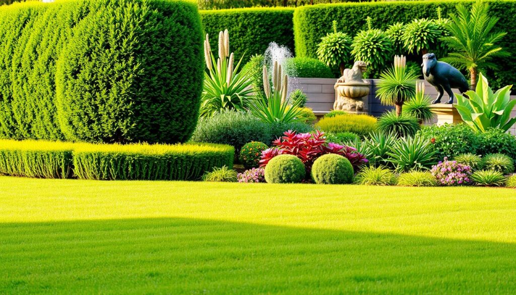 A lush, verdant landscaping scene with a focus on cost factors. In the foreground, a well-manicured lawn leads the eye to a meticulously trimmed hedge, showcasing the attention to detail required. In the middle ground, a selection of thriving plants in various sizes and colors highlights the diversity of elements needed for a complete landscape. The background features a tranquil water feature, its soothing sounds hinting at the luxury of such additions. Warm, natural lighting casts a soft glow, emphasizing the harmony between the landscaping and its natural surroundings. The overall composition conveys the careful planning and investment required to achieve a visually stunning and functional outdoor space.