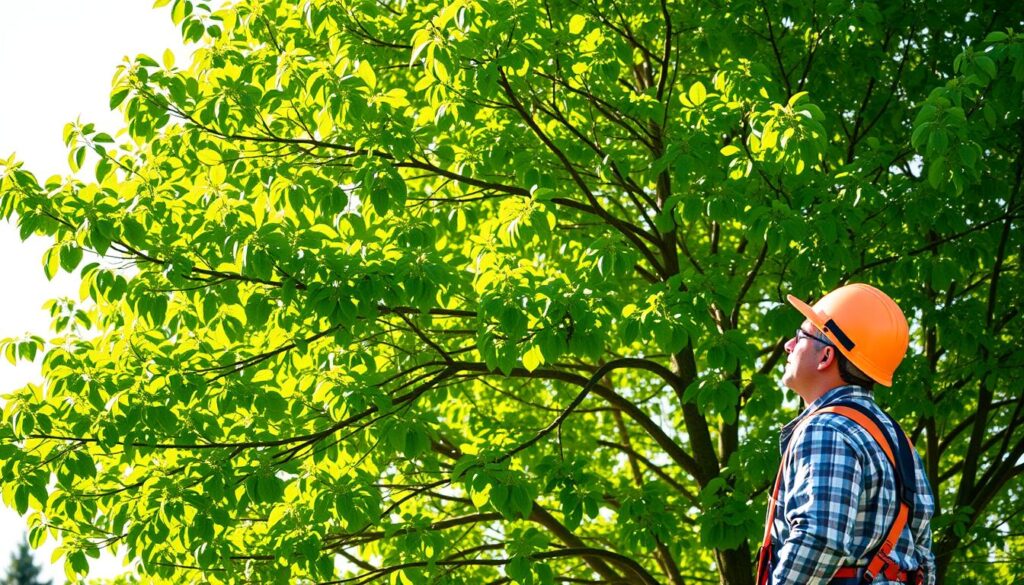 A lush, verdant tree against a bright, sun-dappled background, its branches gently swaying in a light breeze. A skilled arborist, wearing a hard hat and safety gear, stands before the tree, evaluating its structure and considering the optimal approach to trimming. In the foreground, a detailed list of factors that influence tree trimming prices, including tree size, accessibility, debris removal, and professional labor costs, is depicted in a stylized, informative manner. The overall scene conveys a sense of expertise, careful consideration, and the importance of understanding the various elements that contribute to the final cost of tree maintenance services. A lush, verdant tree against a bright, sun-dappled background, its branches gently swaying in a light breeze. A skilled arborist, wearing a hard hat and safety gear, stands before the tree, evaluating its structure and considering the optimal approach to trimming. In the foreground, a detailed list of factors that influence tree trimming prices, including tree size, accessibility, debris removal, and professional labor costs, is depicted in a stylized, informative manner. The overall scene conveys a sense of expertise, careful consideration, and the importance of understanding the various elements that contribute to the final cost of tree maintenance services.