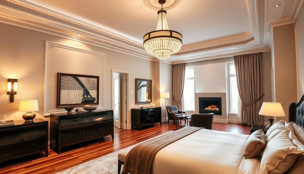 A luxurious master bedroom undergoing a sophisticated renovation. The foreground showcases elegant furniture, including a plush king-size bed with high-quality linens, a stylish dresser, and a comfortable armchair. Warm lighting from sleek wall sconces and a stunning pendant chandelier creates a cozy ambiance. In the middle ground, intricate crown molding, hardwood floors, and large windows with flowing curtains add to the room's refined aesthetic. The background features a minimalist yet chic sitting area, with a modern fireplace and built-in shelving showcasing decorative accents. The overall scene conveys a harmonious blend of luxury, comfort, and attention to detail, capturing the key factors influencing master bedroom renovation costs in Gauteng. A luxurious master bedroom undergoing a sophisticated renovation. The foreground showcases elegant furniture, including a plush king-size bed with high-quality linens, a stylish dresser, and a comfortable armchair. Warm lighting from sleek wall sconces and a stunning pendant chandelier creates a cozy ambiance. In the middle ground, intricate crown molding, hardwood floors, and large windows with flowing curtains add to the room's refined aesthetic. The background features a minimalist yet chic sitting area, with a modern fireplace and built-in shelving showcasing decorative accents. The overall scene conveys a harmonious blend of luxury, comfort, and attention to detail, capturing the key factors influencing master bedroom renovation costs in Gauteng.