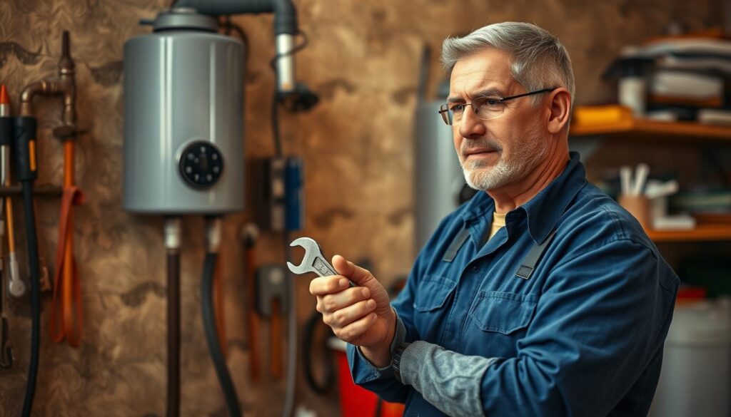 A middle-aged handyman in a blue coverall, holding a wrench, standing in front of a residential geyser system, bathed in warm, natural lighting. The focus is on the handyman's thoughtful expression as he examines the thermostat, conveying his expertise and dedication to the task at hand. The background features a well-organized workshop, with various tools and spare parts visible, suggesting his comprehensive understanding of geyser repair. The scene evokes a sense of professionalism, reliability, and the handyman's commitment to providing reliable and affordable geyser thermostat repair services.
