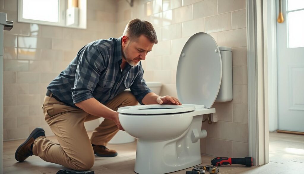 A middle-aged man in a collared shirt and khakis, kneeling on the floor next to a toilet, intently focused on the installation process. Hands visible, tools nearby. Warm lighting from a window casts a soft glow, creating a sense of expertise and professionalism. The background features a tidy, organized bathroom with clean tiles and minimal clutter, conveying the handyman's attention to detail. The overall mood is one of competence, reliability, and dedication to the task at hand. A middle-aged man in a collared shirt and khakis, kneeling on the floor next to a toilet, intently focused on the installation process. Hands visible, tools nearby. Warm lighting from a window casts a soft glow, creating a sense of expertise and professionalism. The background features a tidy, organized bathroom with clean tiles and minimal clutter, conveying the handyman's attention to detail. The overall mood is one of competence, reliability, and dedication to the task at hand.