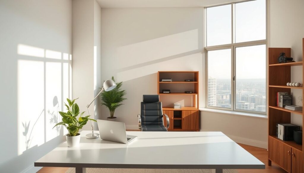 A modern, airy home office space in Gauteng, South Africa. The room is filled with natural light streaming through large windows, illuminating a sleek, minimalist desk setup. On the desk, a laptop, a stylish lamp, and a potted plant add touches of greenery. The walls are painted in a calming, neutral tone, complemented by wooden accents and shelving. In the background, the cityscape of Johannesburg or Pretoria can be seen through the windows, hinting at the bustling urban environment surrounding this peaceful, productive workspace. The scene conveys a sense of efficiency, comfort, and inspiration, reflecting the current trends in home office design and addition rates across the Gauteng province.