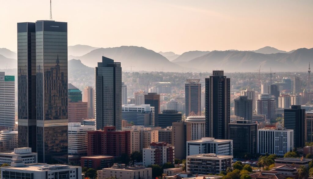 A modern cityscape with towering skyscrapers in the foreground, reflecting the vibrant financial hubs of Johannesburg, Sandton, and Pretoria. In the midground, various commercial and residential buildings of diverse architectural styles, hinting at the regional price variations. The background features rolling hills and a clear sky, providing a sense of the broader Gauteng landscape. The lighting is a mix of warm and cool tones, creating depth and dimensionality. The camera angle is slightly elevated, offering a panoramic view that captures the scope and scale of the urban development across these three major cities in South Africa.