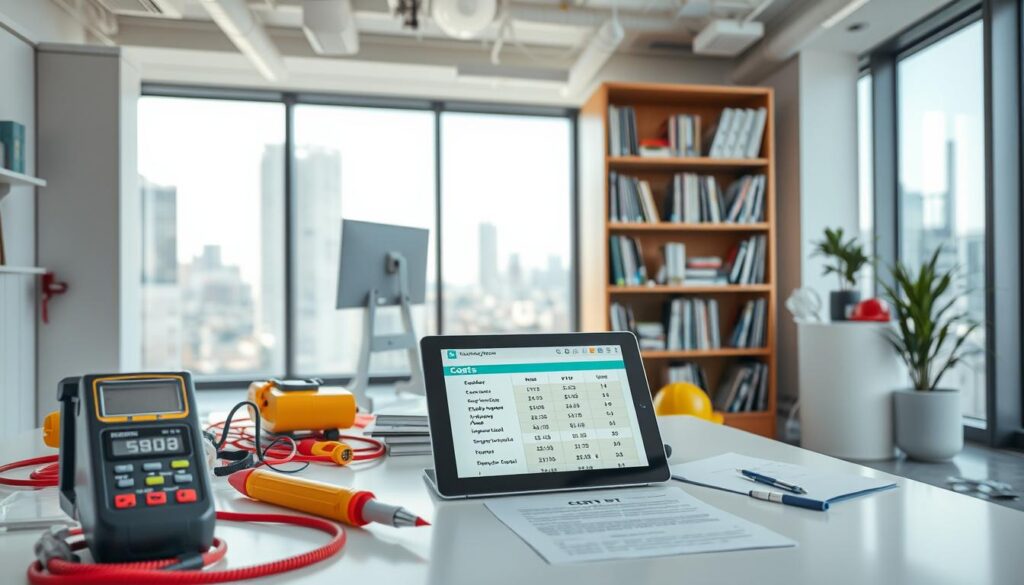 A modern, clean-looking office interior with a focus on electrical inspection-related elements. In the foreground, a desk with various electrical equipment and tools, such as a voltmeter, circuit tester, and safety gear. On the desk, a tablet or laptop displaying a cost breakdown for an electrical inspection. In the middle ground, a bookshelf or cabinet filled with electrical codes, manuals, and inspection checklists. The background features large windows overlooking a cityscape, with natural lighting streaming in. The overall mood is professional, organized, and informative, conveying the key factors that determine electrical inspection costs.