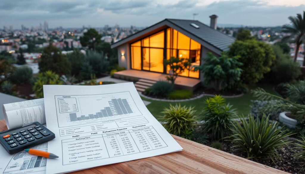 A modern, energy-efficient home surrounded by lush, sustainable landscaping. In the foreground, a calculator, building materials, and architectural plans, symbolizing the cost factors of an eco-friendly renovation. Warm, natural lighting illuminates the scene, creating a calming, inviting atmosphere. The middle ground features a breakdown of renovation expenses, such as insulation, solar panels, and water-saving fixtures. In the background, a cityscape of Johannesburg or Pretoria, showcasing the local context. The overall tone conveys a sense of informed, considered decision-making in pursuit of an environmentally conscious home upgrade.