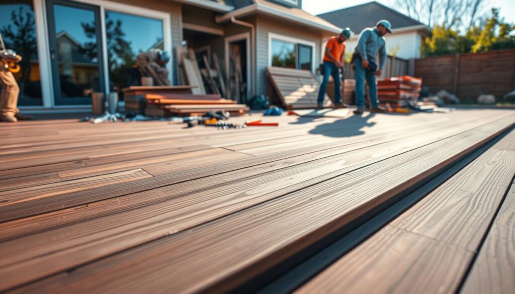 A modern, high-quality composite decking installation on a spacious backyard patio, showcasing various cost-influencing factors. In the foreground, a freshly installed composite deck board in a rich, wood-like hue, with close-up details of the intricate texturing and graining. In the middle ground, workers meticulously installing the decking, highlighting the labor-intensive process. The background features an array of materials, including fasteners, tools, and a pile of additional decking boards, conveying the necessary components and their associated costs. The scene is illuminated by warm, natural lighting, casting soft shadows and creating a welcoming, inviting atmosphere. The overall composition emphasizes the attention to detail and craftsmanship required for a successful composite decking installation. A modern, high-quality composite decking installation on a spacious backyard patio, showcasing various cost-influencing factors. In the foreground, a freshly installed composite deck board in a rich, wood-like hue, with close-up details of the intricate texturing and graining. In the middle ground, workers meticulously installing the decking, highlighting the labor-intensive process. The background features an array of materials, including fasteners, tools, and a pile of additional decking boards, conveying the necessary components and their associated costs. The scene is illuminated by warm, natural lighting, casting soft shadows and creating a welcoming, inviting atmosphere. The overall composition emphasizes the attention to detail and craftsmanship required for a successful composite decking installation.