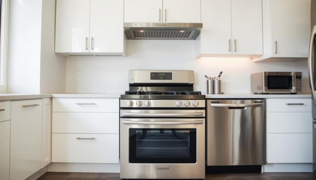 A modern kitchen interior with stainless steel appliances, including an oven, cooktop, and dishwasher, set against a backdrop of minimalist white cabinets and countertops. The focus is on the oven, with a detailed view of its installation process, showcasing the key factors that affect the overall cost, such as the type of oven, the complexity of the installation, any necessary electrical or plumbing work, and the labor costs. The scene is illuminated by a warm, natural light, creating a welcoming and functional atmosphere, highlighting the importance of a well-executed oven installation for a seamless kitchen experience.
