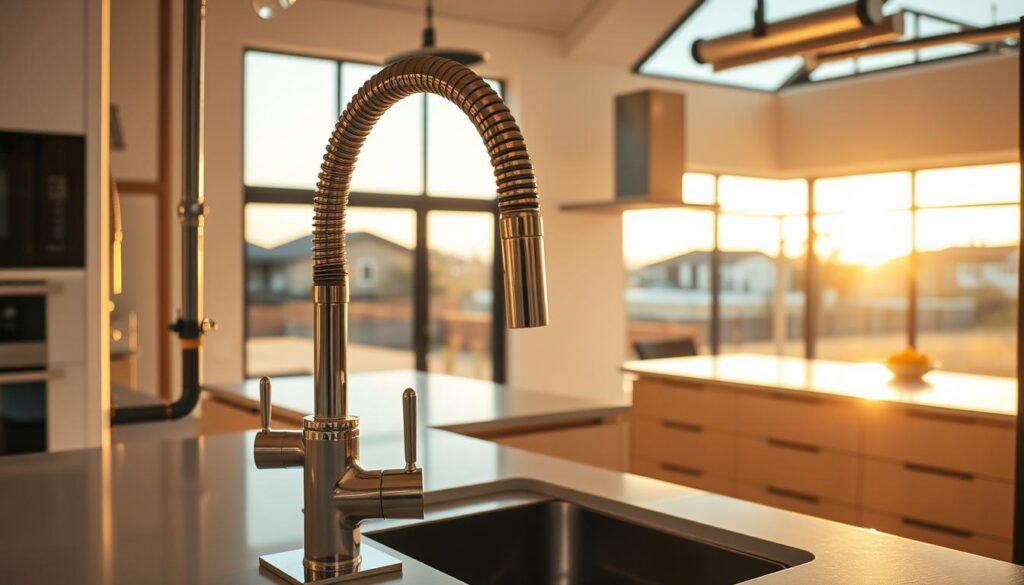 A modern kitchen interior with visible plumbing pipes and fixtures, showcasing various services offered by a professional plumbing company in Gauteng. The scene is bathed in warm, natural lighting from large windows, highlighting the clean, minimalist design aesthetic. In the foreground, a sink, faucet, and related plumbing elements are prominently displayed, allowing viewers to envision the scope of the plumbing work. The middle ground features additional kitchen appliances and cabinetry, while the background depicts a serene, suburban neighborhood visible through the windows, establishing the local Gauteng setting. The overall mood conveys professionalism, attention to detail, and a commitment to providing high-quality kitchen plumbing services.