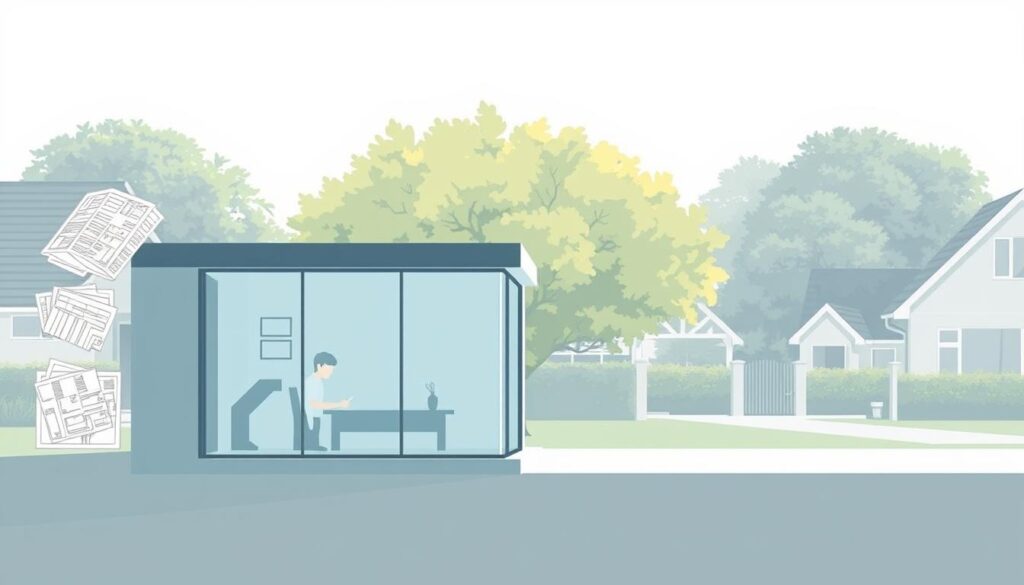 A modern, minimalist illustration depicting the key factors affecting the price of a house extension in South Africa. A sleek, glass-walled extension stands in the foreground, its cost influenced by detailed architectural plans, construction materials, and labor expenses visible in the middle ground. In the background, a suburban neighborhood with lush greenery provides context, as homeowner budgets, local regulations, and market trends shape the final extension price. Soft, diffused lighting and a neutral color palette convey a sense of thoughtful, data-driven decision making.
