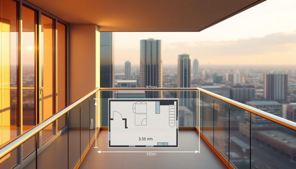 A modern, minimalist illustration showcasing the cost per square meter for a balcony addition in Gauteng, South Africa. The scene depicts an elegantly designed balcony in a high-rise building, bathed in warm, natural lighting. The foreground features a sleek, glass-paneled railing, and the middle ground showcases the balcony's floor plan, with precise measurements and cost estimates displayed in a clean, infographic-style layout. The background subtly blends the cityscape of Gauteng, providing context and a sense of place. The overall mood is one of informative clarity, guiding the viewer through the key details of balcony addition costs in the region.