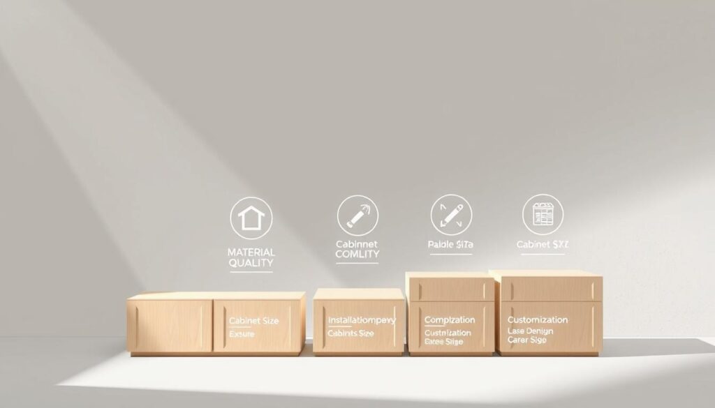 A modern, minimalist illustration showcasing the key factors that influence the cost of built-in cabinets per metre. The image should feature a clean, geometric layout with a subtle colour palette, conveying a sense of precision and attention to detail. In the foreground, depict a series of neatly stacked cabinet modules, each accompanied by an icon or infographic representing a cost-influencing factor, such as material quality, cabinet size, installation complexity, and customization options. The middle ground should feature a neutral background, perhaps a subtle gradient or a muted, textured surface, to allow the key elements to take centre stage. Subtle lighting from the top left casts soft shadows, emphasizing the three-dimensional form of the cabinets. The overall mood should be one of professionalism, practicality, and a focus on the underlying economics of built-in cabinet design and installation. A modern, minimalist illustration showcasing the key factors that influence the cost of built-in cabinets per metre. The image should feature a clean, geometric layout with a subtle colour palette, conveying a sense of precision and attention to detail. In the foreground, depict a series of neatly stacked cabinet modules, each accompanied by an icon or infographic representing a cost-influencing factor, such as material quality, cabinet size, installation complexity, and customization options. The middle ground should feature a neutral background, perhaps a subtle gradient or a muted, textured surface, to allow the key elements to take centre stage. Subtle lighting from the top left casts soft shadows, emphasizing the three-dimensional form of the cabinets. The overall mood should be one of professionalism, practicality, and a focus on the underlying economics of built-in cabinet design and installation.
