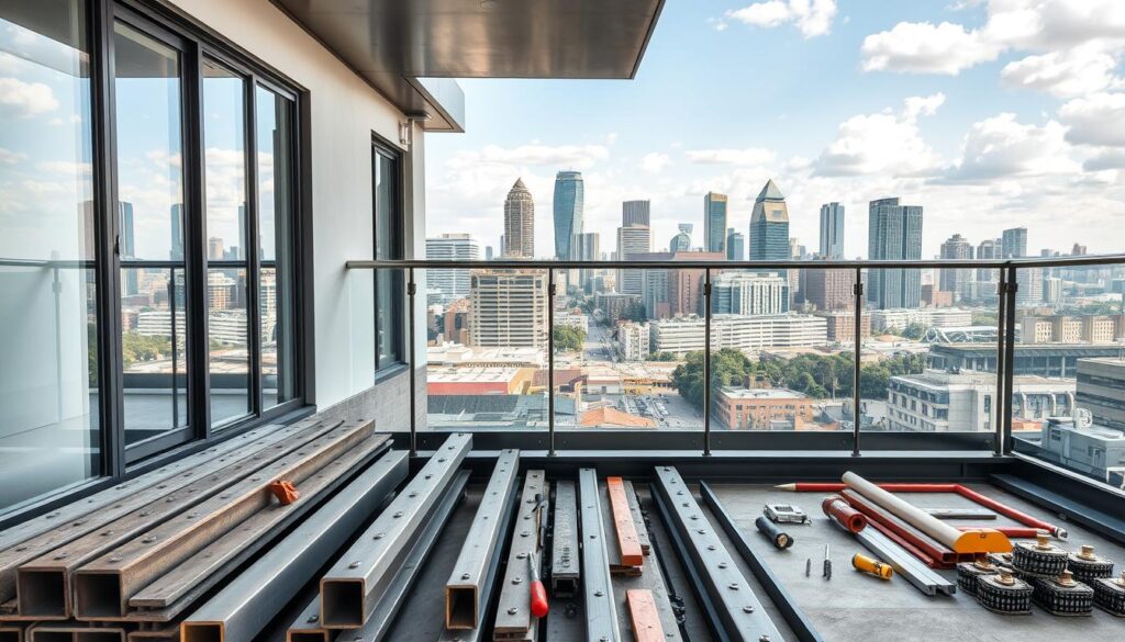 A modern steel balcony set against the urban skyline of Gauteng, South Africa. The balcony features clean lines, sleek metal railings, and expansive glass panels that flood the space with natural light. In the foreground, various construction materials are neatly arranged, including steel beams, fasteners, and tools, providing a sense of the materials and processes involved in balcony installation. The middle ground showcases the balcony's integration with the building's architecture, blending seamlessly with the facade. In the background, the vibrant cityscape of Johannesburg or Pretoria rises, with towering skyscrapers and bustling streets, setting the scene for this urban balcony addition.
