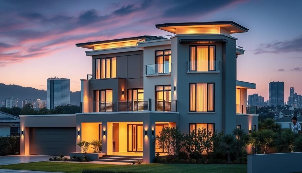 A modern, two-story house set against a backdrop of the Johannesburg skyline, showcasing the diverse architectural styles and pricing variations across the city's distinct neighborhoods. Soft, warm lighting illuminates the property, with a focus on the intricate facade details, manicured landscaping, and luxury finishes. The image captures the nuances of home renovation costs, reflecting the unique socioeconomic factors that shape real estate prices in Sandton, Pretoria, and Midrand. A sense of urban sophistication and regional affluence permeates the scene, inviting the viewer to explore the complexities of Gauteng's residential renovation market.