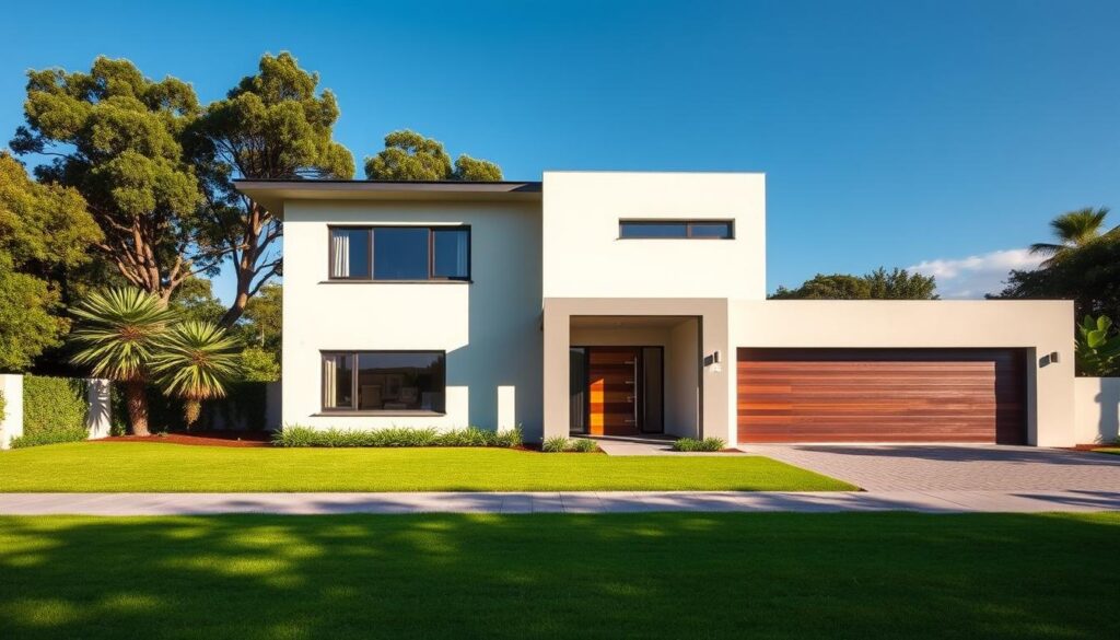 A modern two-story house with a sleek, minimalist design stands prominently against a backdrop of lush greenery and a clear blue sky. The building features clean lines, large windows, and a simple, yet elegant facade. In the foreground, a meticulously manicured lawn and a paved driveway lead to the entrance, giving a sense of order and attention to detail. The lighting is soft and natural, casting warm shadows that accentuate the texture of the materials used, such as the smooth concrete and the rich, wooden accents. The overall scene conveys a sense of contemporary, affordable, and high-quality home construction, representative of the entry-level housing market in South Africa. A modern two-story house with a sleek, minimalist design stands prominently against a backdrop of lush greenery and a clear blue sky. The building features clean lines, large windows, and a simple, yet elegant facade. In the foreground, a meticulously manicured lawn and a paved driveway lead to the entrance, giving a sense of order and attention to detail. The lighting is soft and natural, casting warm shadows that accentuate the texture of the materials used, such as the smooth concrete and the rich, wooden accents. The overall scene conveys a sense of contemporary, affordable, and high-quality home construction, representative of the entry-level housing market in South Africa.
