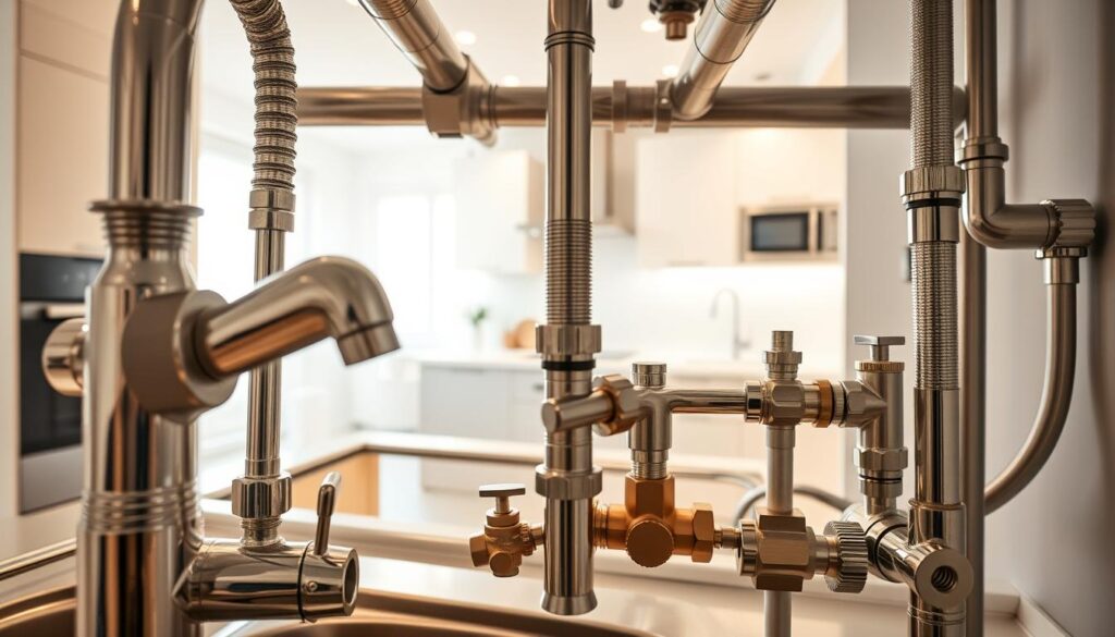 A modern, well-equipped kitchen with a focus on the plumbing system. In the foreground, a close-up view of various plumbing fixtures and fittings, including faucets, sinks, and drainage pipes, all in stainless steel or chrome finish. The middle ground showcases the intricate network of pipes, valves, and connections that make up the kitchen's water supply and waste management system. In the background, a bright, airy kitchen interior with clean, minimalist design elements, providing context for the plumbing components. The lighting is warm and diffused, emphasizing the functionality and importance of the plumbing system within the overall kitchen space. The image conveys a sense of precision, efficiency, and attention to detail in the kitchen's plumbing infrastructure.
