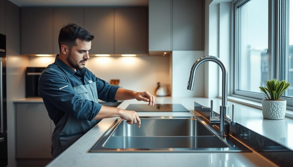 A modern, well-equipped kitchen with a professional handyman installing a stylish, undermount stainless steel sink. Bright task lighting illuminates the workspace, while large windows offer natural daylight. The handyman, dressed in a uniform, carefully aligns the sink and secures it with precise, practiced movements. Sleek faucet fixtures and matching accessories complement the updated kitchen design. The overall scene conveys the expertise and attention to detail of a skilled, experienced sink installation service serving the Gauteng region.