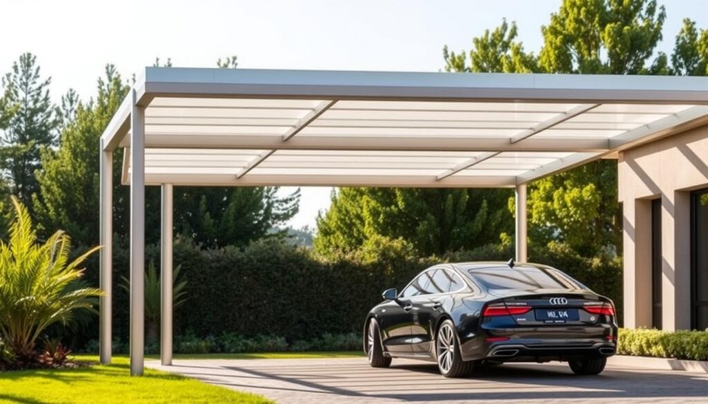 A modern, well-lit carport in a minimalist, Scandinavian design, set against a backdrop of a lush, verdant garden. The carport's structure is composed of sleek, brushed aluminum beams and a translucent, polycarbonate roof that filters the sunlight, creating a warm, diffused lighting. In the foreground, a luxury sedan is parked, complementing the clean lines and sophisticated aesthetic of the carport. The scene conveys a sense of contemporary, high-end living, with attention to detail and quality materials that highlight the key factors influencing the cost of carport installation in South Africa. A modern, well-lit carport in a minimalist, Scandinavian design, set against a backdrop of a lush, verdant garden. The carport's structure is composed of sleek, brushed aluminum beams and a translucent, polycarbonate roof that filters the sunlight, creating a warm, diffused lighting. In the foreground, a luxury sedan is parked, complementing the clean lines and sophisticated aesthetic of the carport. The scene conveys a sense of contemporary, high-end living, with attention to detail and quality materials that highlight the key factors influencing the cost of carport installation in South Africa.