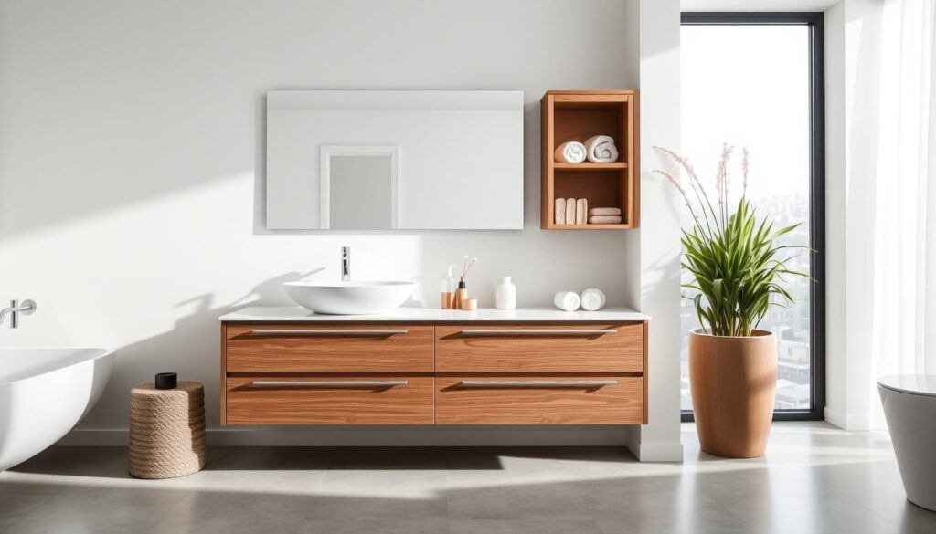 A modern, well-lit interior with a sleek vanity unit as the central focus. The vanity is surrounded by various factors influencing its installation cost, such as the type of countertop material, the complexity of plumbing work, the size and layout of the bathroom, the quality of fixtures and fittings, and the labor costs for skilled tradesmen. The background features neutral-toned walls and subtle, warm lighting to create a harmonious and inviting atmosphere, allowing the key cost factors to take center stage.