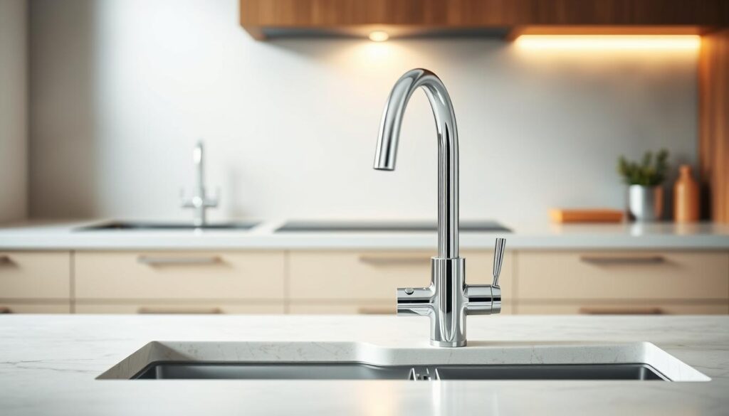 A modern, well-lit kitchen counter with a polished chrome kitchen tap in the center. The tap is the focal point, showcasing its sleek design and shiny finish. The counter is made of a light-colored, natural stone material, creating a clean and minimalist look. Soft, diffused lighting from above casts a warm glow, highlighting the tap's reflective surfaces. The background is blurred, emphasizing the tap and drawing the viewer's attention to the key details, such as the tap's water flow, control handles, and any relevant pricing or installation information overlaid discreetly on the image.