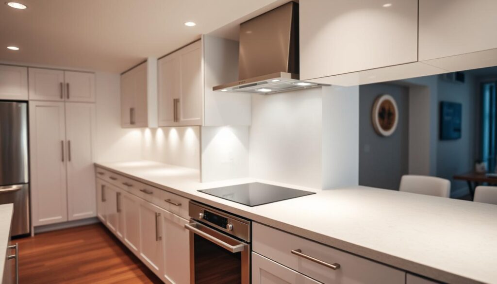 A modern, well-lit kitchen interior with a stainless steel electric oven installed in a built-in cabinet. The oven has a digital display and sleek, minimalist design. The kitchen countertop is a light-colored natural stone, complemented by white cabinets and hardwood floors. Soft, directional lighting illuminates the scene, creating a warm and inviting atmosphere. The focus is on the oven installation, showcasing its placement, size, and integration within the kitchen layout. The image should convey a sense of practicality, functionality, and high-end design.