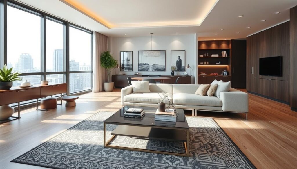 A modern, well-lit living room interior with a focus on the key factors affecting renovation costs. In the foreground, a stylish coffee table, plush sofa, and decorative rug showcase material choices. In the middle ground, built-in shelving and lighting fixtures highlight design elements. In the background, large windows let in natural light and offer a view of an urban skyline, representing location as a cost driver. The overall scene conveys a sense of luxury and thoughtful planning within a realistic, relatable context.